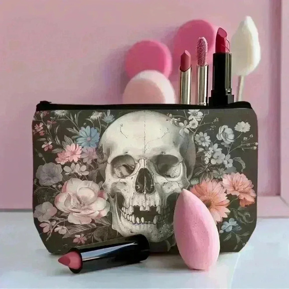Skull & Floral Print Cosmetic Bag - Picture 2 of 4